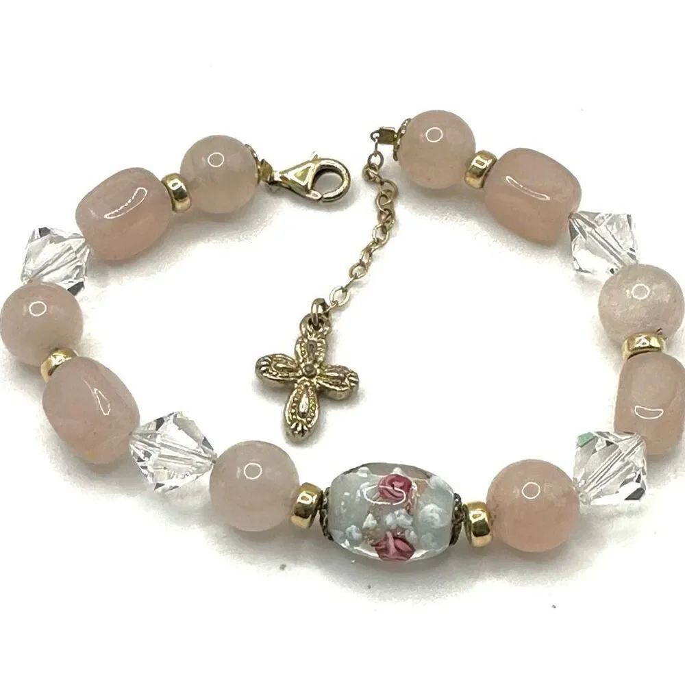 Rose Quartz crystal cross charm bracelet